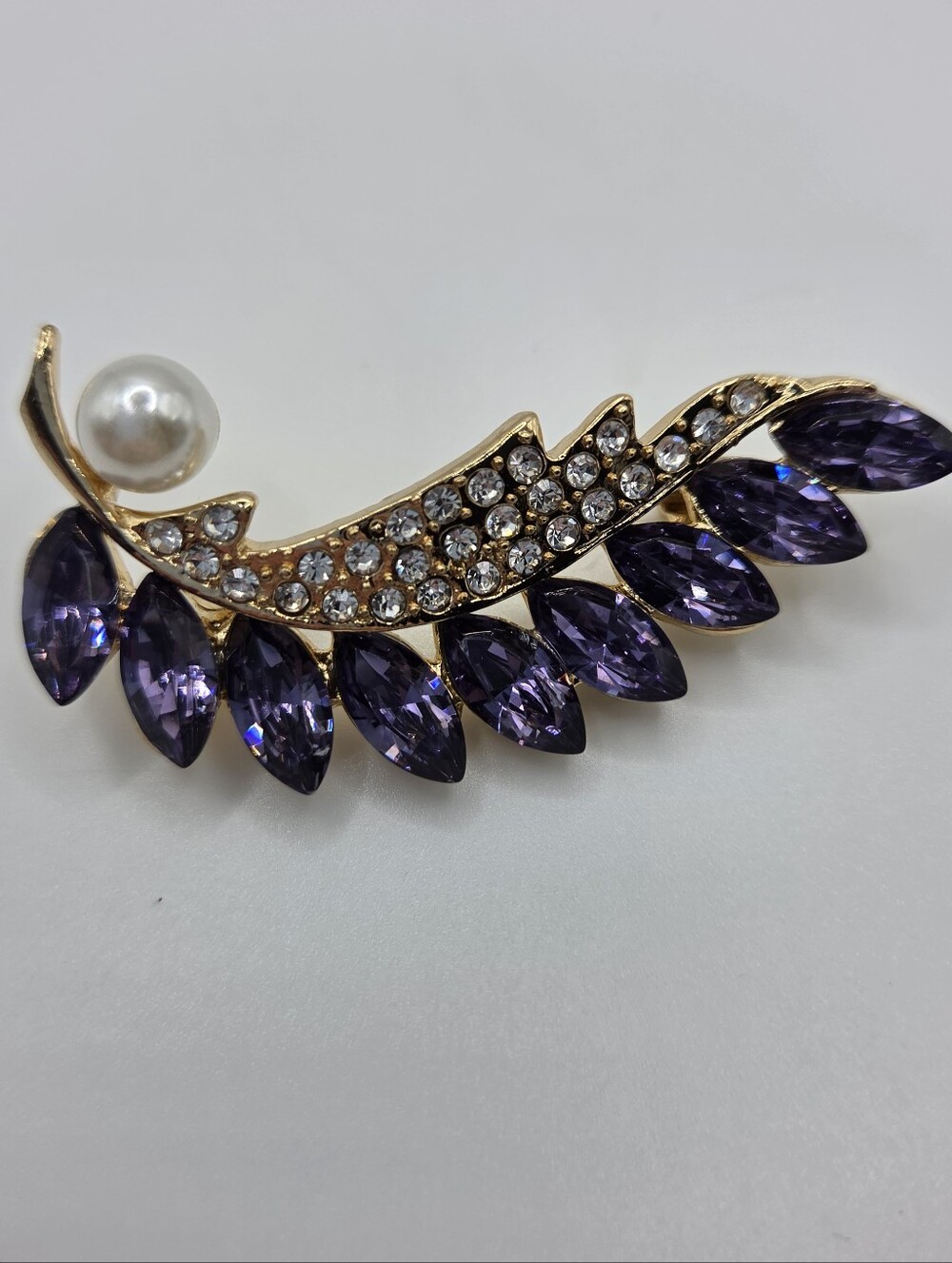 Gold Leaf Brooch Purple Marquise Crystal Pearl Botanical Pin New